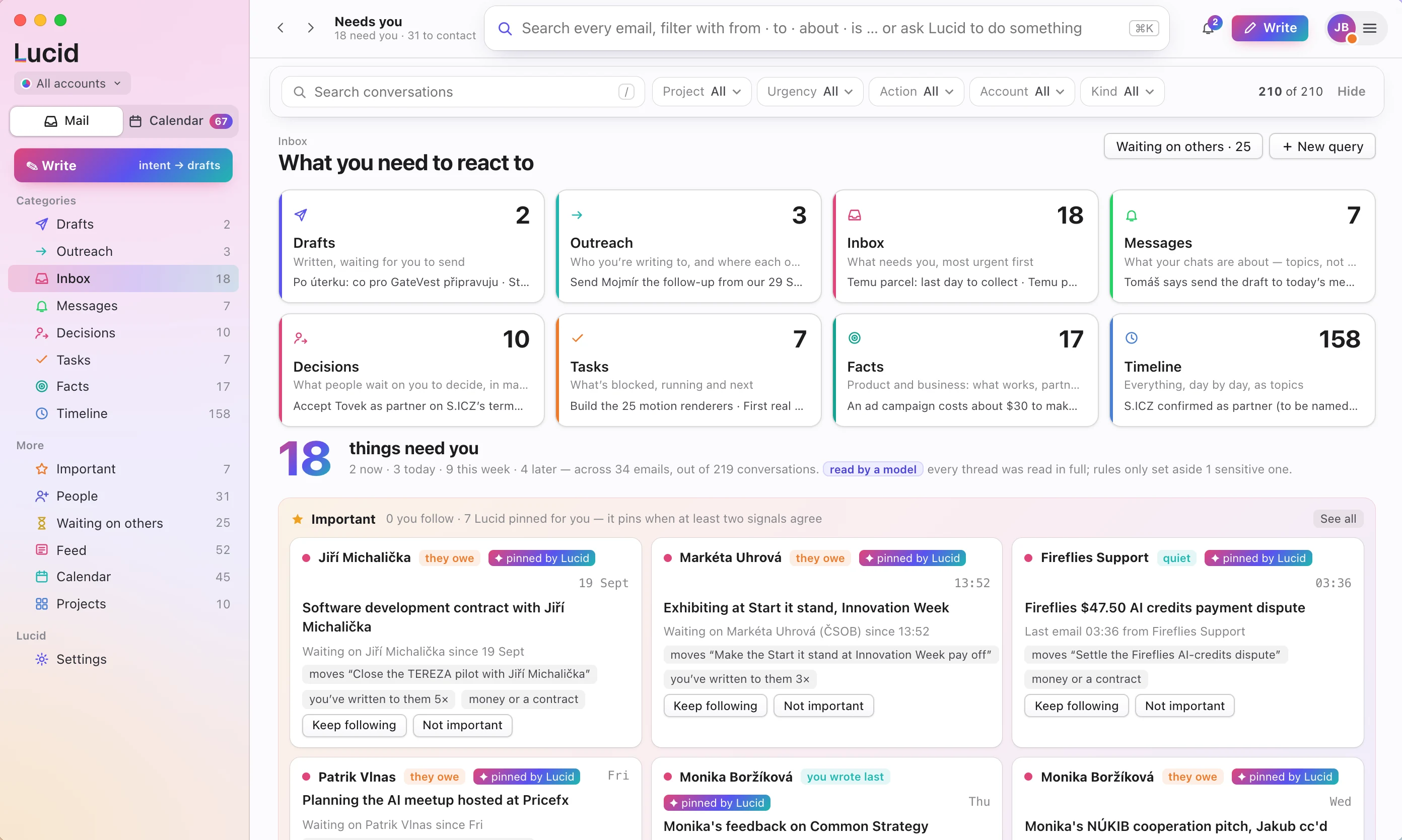 Lucid on the Mac: eight tiles under “What you need to react to”, counting drafts, outreach, inbox, messages, decisions, tasks, facts and timeline, above a list of the conversations waiting on other people