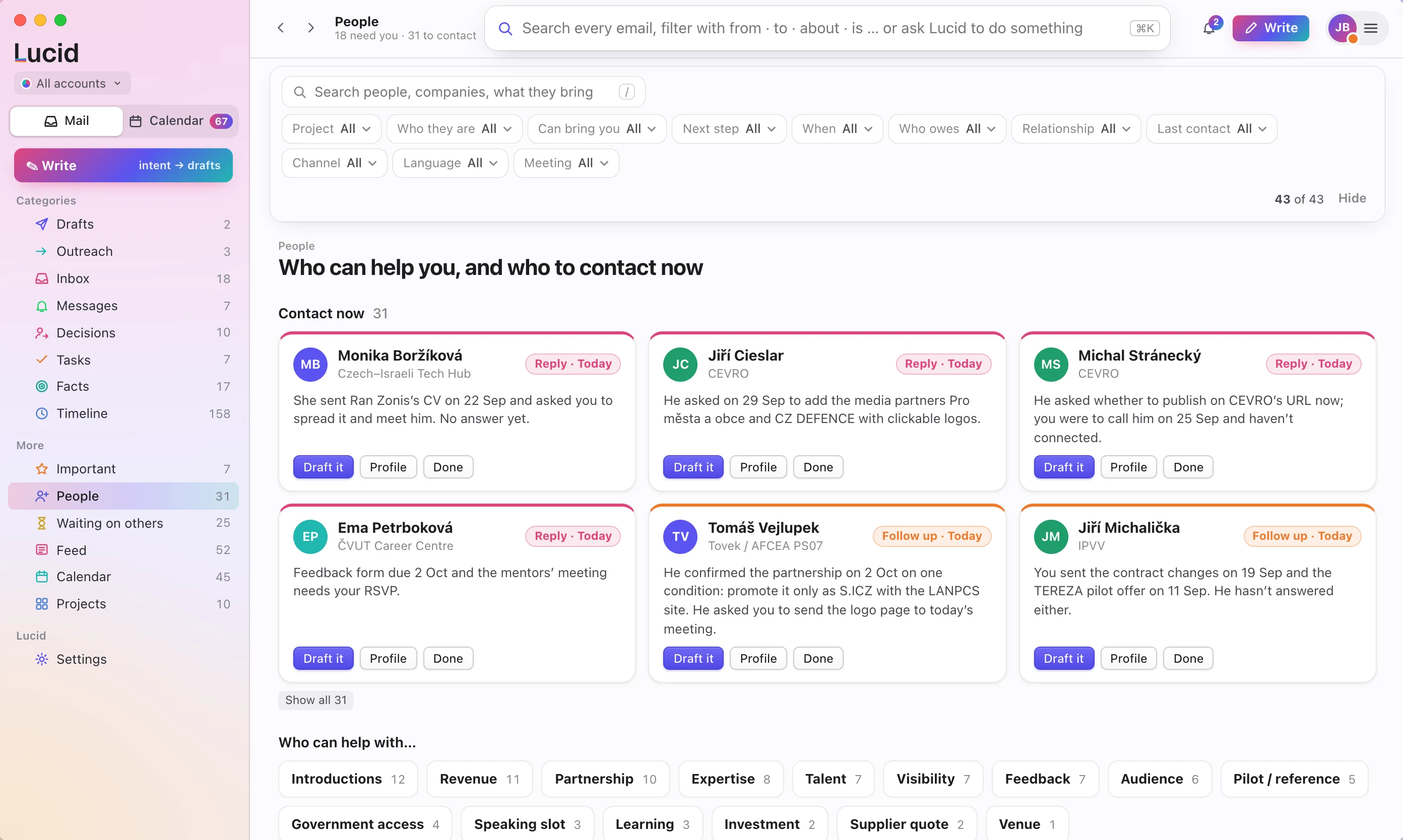 The People screen: cards for the people to contact now, each with a Draft it button