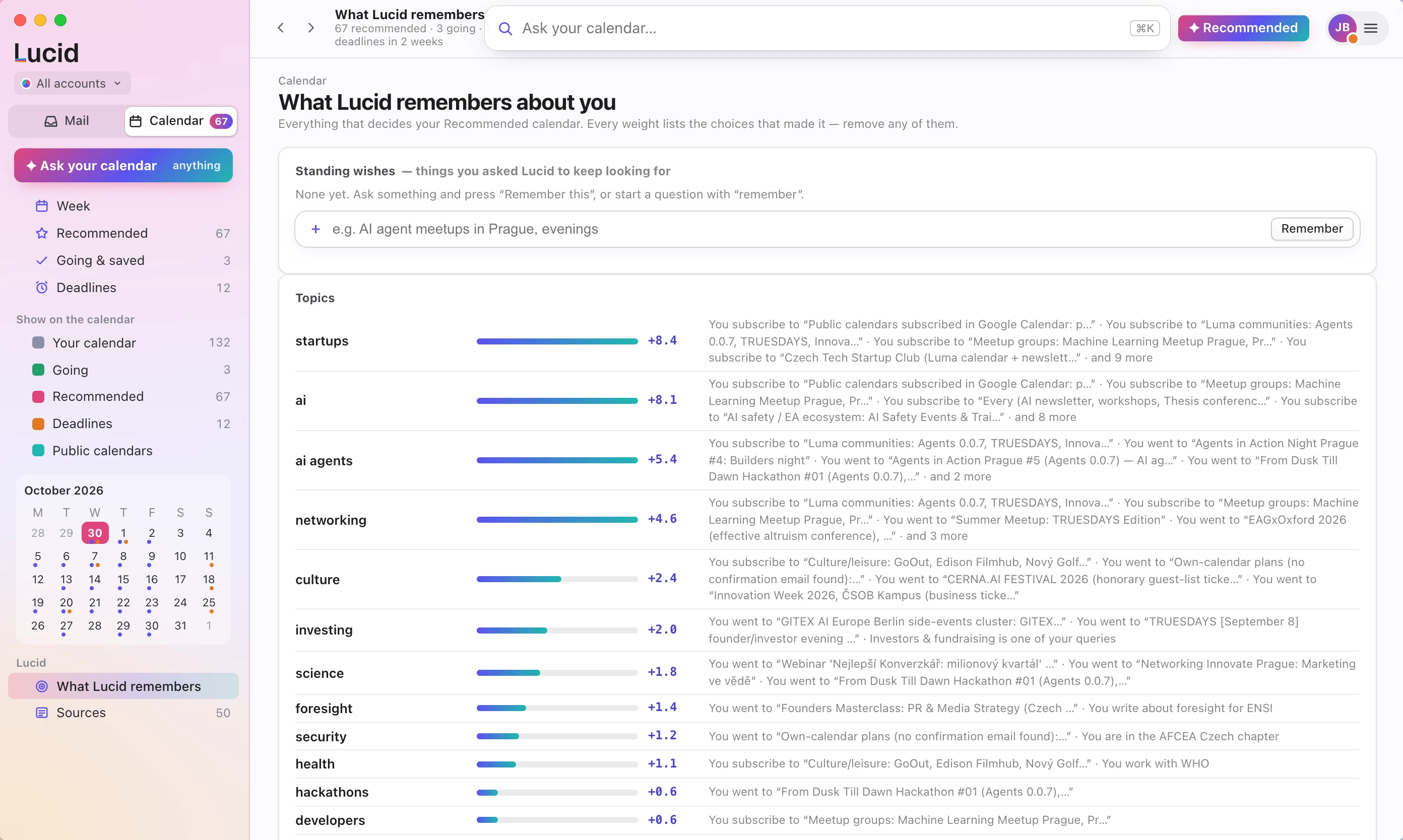 The “What Lucid remembers about you” screen: a list of topics, each with a weight and the choices that produced it, and a field for standing wishes