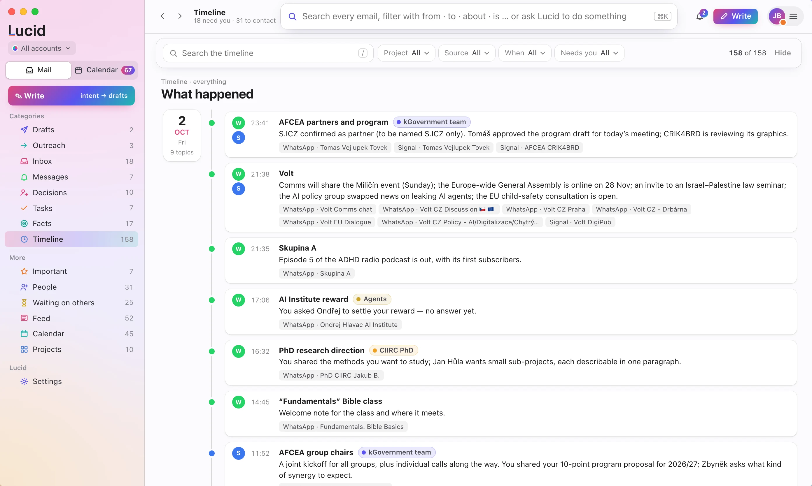The Timeline screen: one day listed as topics with their sources
