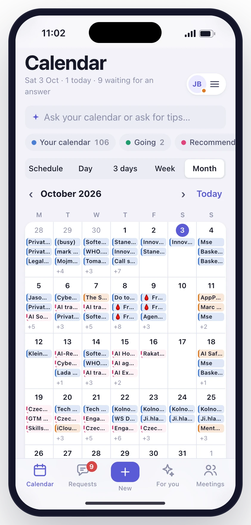 Calendar in the month view: October with the events of each day